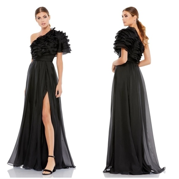 Ieena for Mac Duggal 26527 Ruffle Layered One Shoulder Gown in Black Size 6 NWT! - Picture 1 of 13
